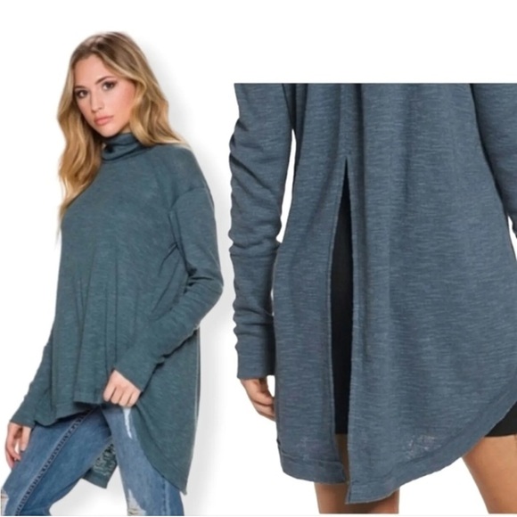 We The Free Muted Blue Split Back Turtleneck Long Sleeve Textured Top Size Small - Picture 1 of 12